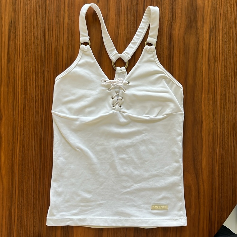 PLANET BODY Athletic Bodycon White Tank Lace-up Front tie Size Small